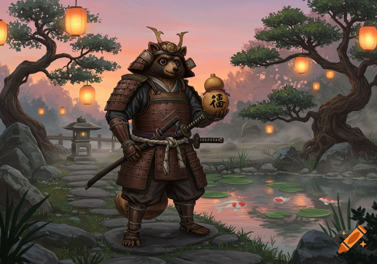 A tanuki samurai in traditional armor stands in a Japanese garden with a pond, holding a sake gourd with a fortune character.