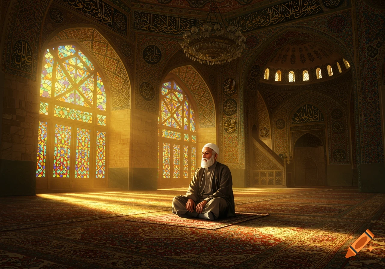 Elderly Muslim man meditating on a prayer mat in a sunlit mosque with ornate architecture and vibrant stained glass windows, photorealistic.