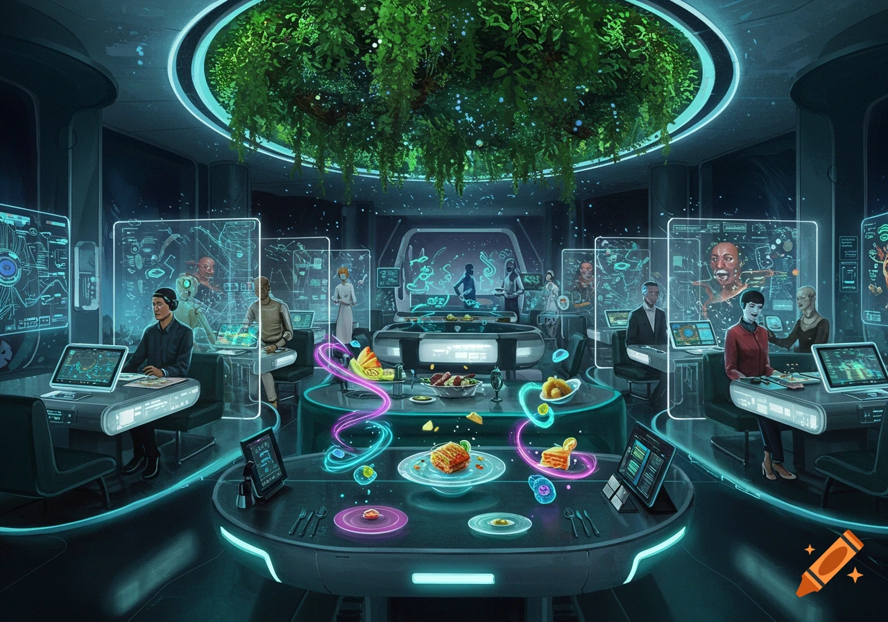A futuristic restaurant with diners and staff interacting with glowing holographic displays, surrounded by lush green plants in a sleek, neon-lit environment.