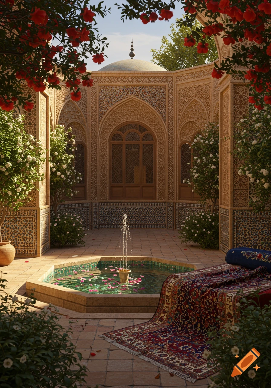 Ornate Middle Eastern courtyard with a central fountain, lush plants, red flowers, and a patterned rug on a seating area.