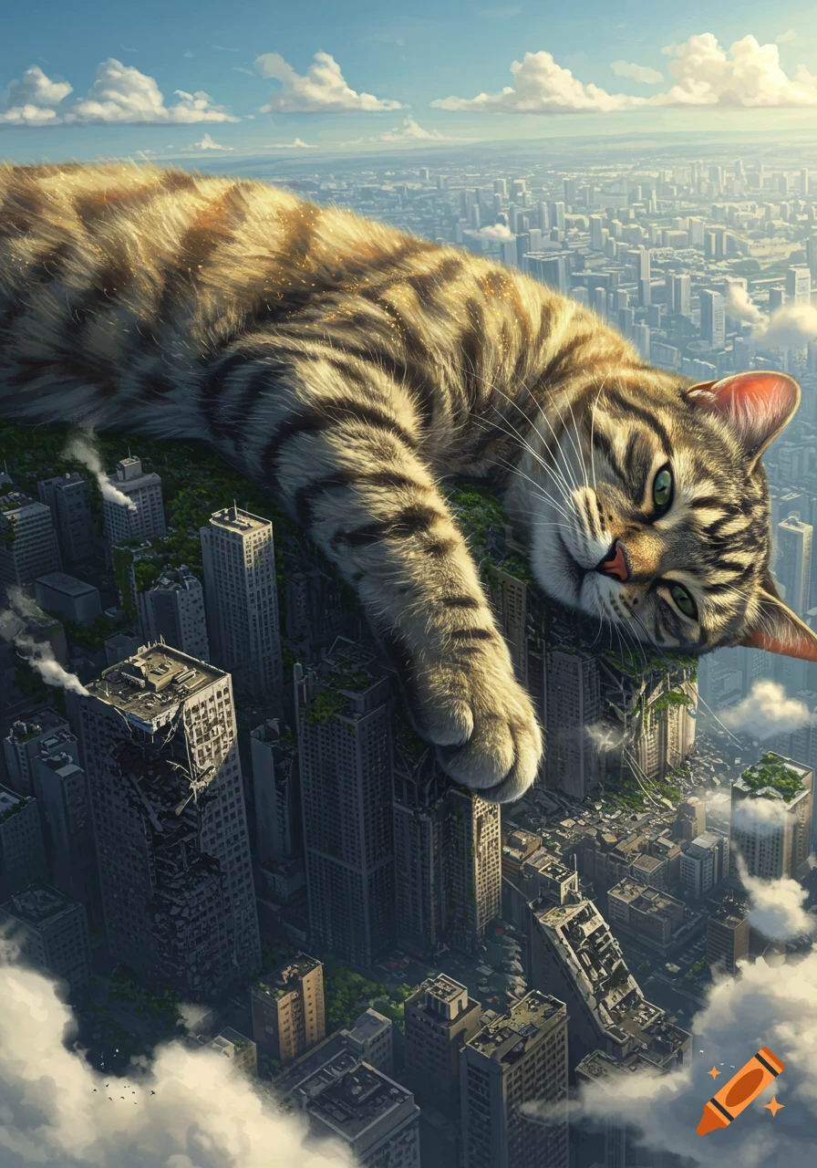 A giant photorealistic tabby cat lies on its side, resting on and crushing a sprawling city, with a blue sky and clouds in the background.