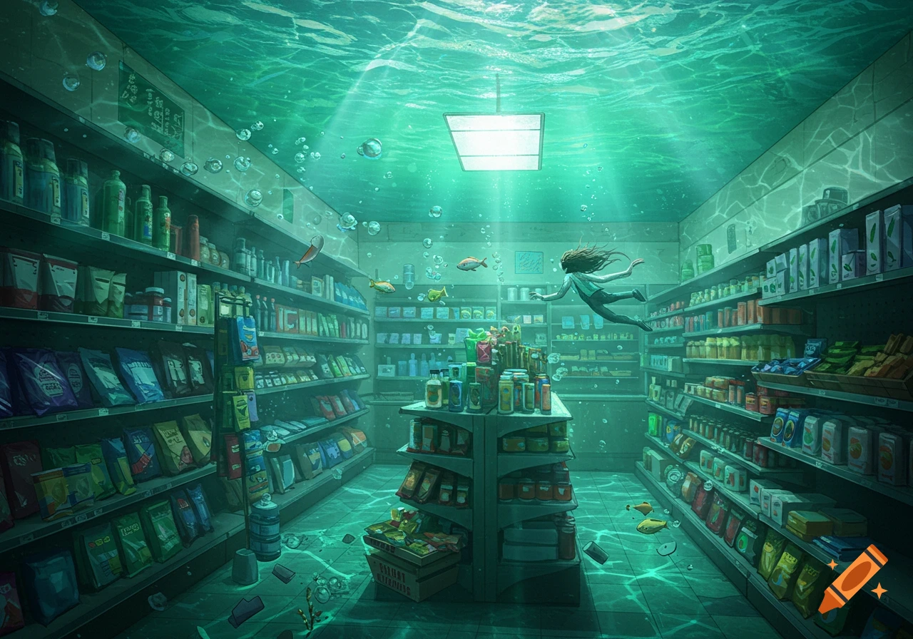 A person floats inside a fully submerged grocery store, illuminated by light rays piercing the green water. Shelves are stocked with products as fish swim past.