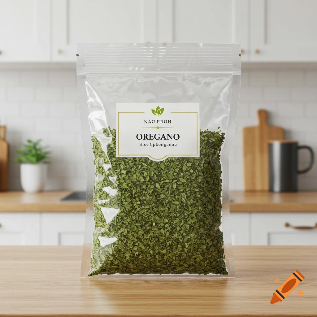 A transparent plastic bag filled with dried green oregano sits on a wooden kitchen counter, with a blurry white kitchen in the background.