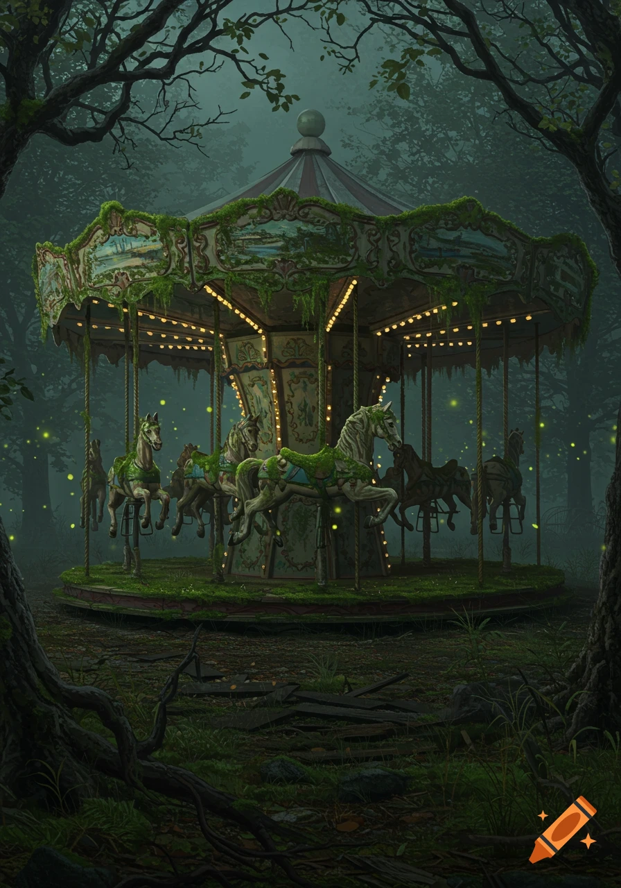 A moss-covered carousel with gnarled wood horses stands in an overgrown, misty forest at dusk, illuminated by fireflies, in a dark fantasy style.
