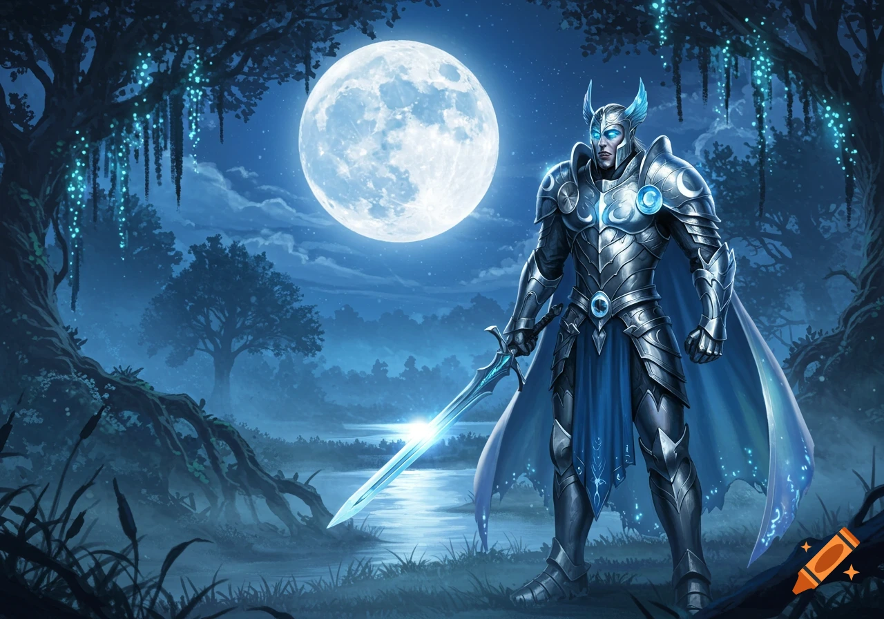 A fantasy warrior in blue and silver armor holds a glowing sword in a mystical moonlit forest with glowing plants.