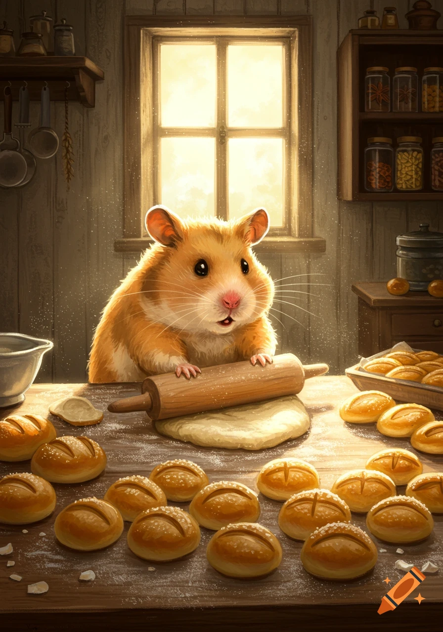 A fluffy orange hamster bakes bread, rolling dough on a flour-dusted wooden counter in a sunlit rustic kitchen, surrounded by fresh bread rolls.