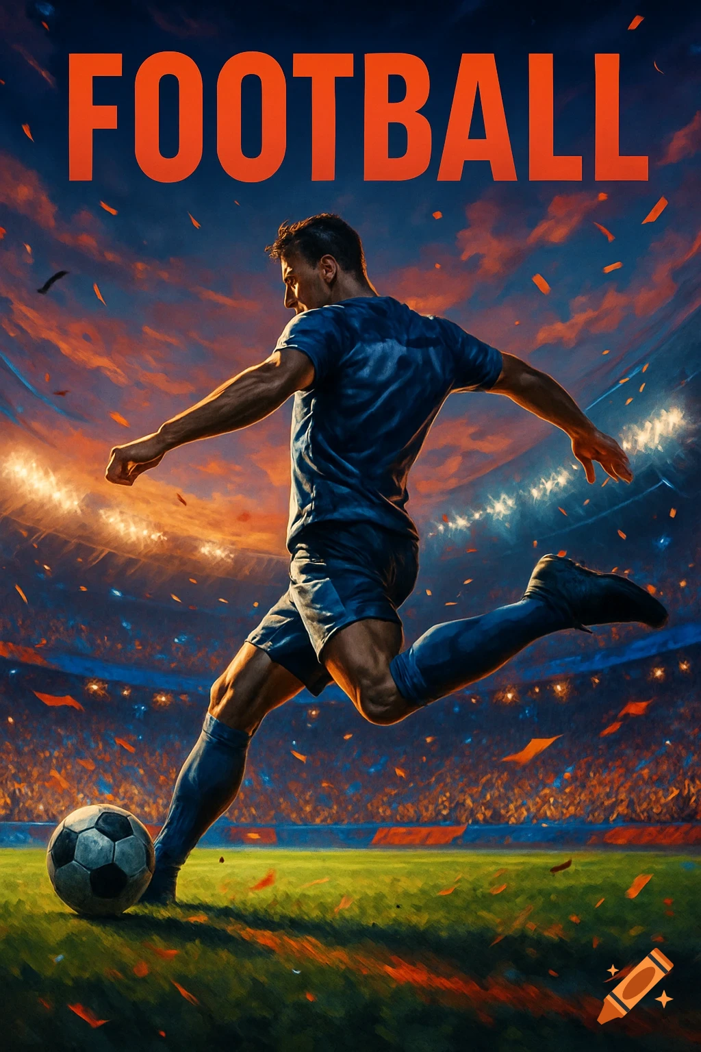 Vibrant digital art of a soccer player kicking a ball in a stadium, with 'FOOTBALL' text at the top.