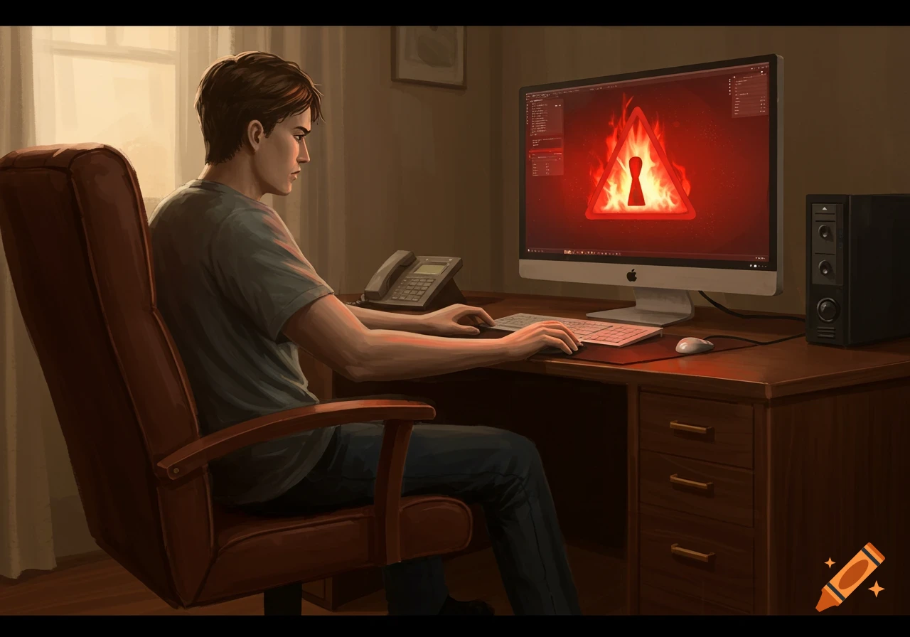 A young man sits at a desk, focused on a computer screen showing a glowing red danger symbol with a keyhole, digital art.