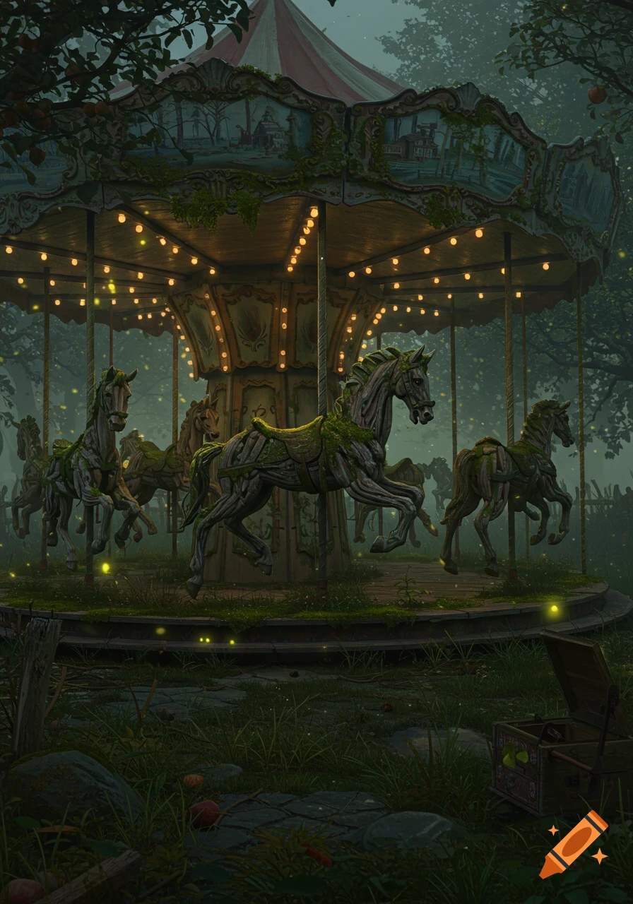 An ancient, moss-covered carousel with gnarled wood horses slowly turns in an overgrown orchard at dusk, illuminated by fireflies in dark fantasy art style.