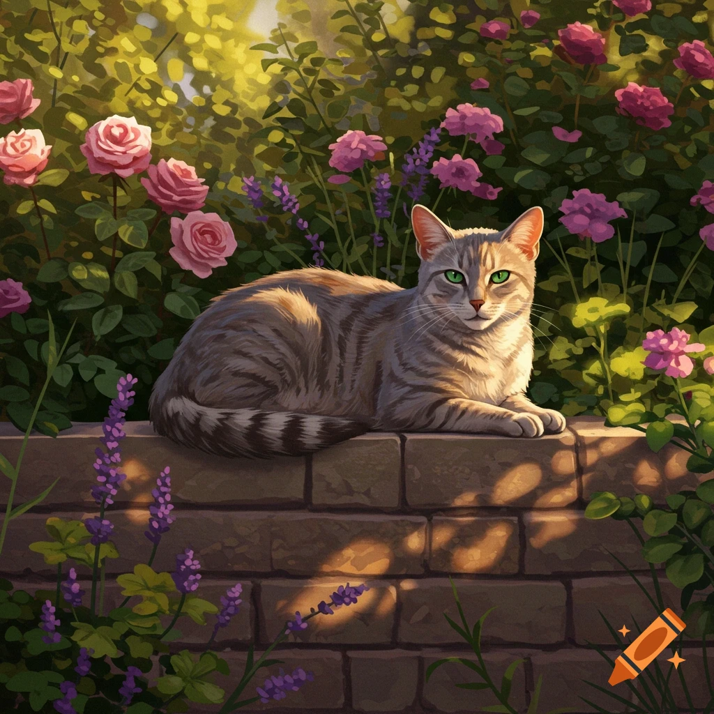 A tabby cat with green eyes lies on a brick wall, surrounded by pink roses and purple lavender in a sunlit garden.