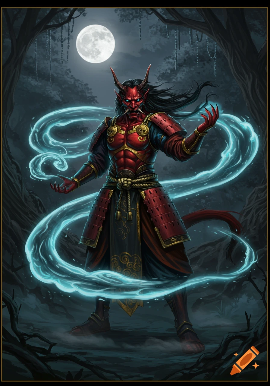 A red-skinned Oni demon in samurai armor, with horns and claws, controls blue smoke in a dark, moonlit forest.