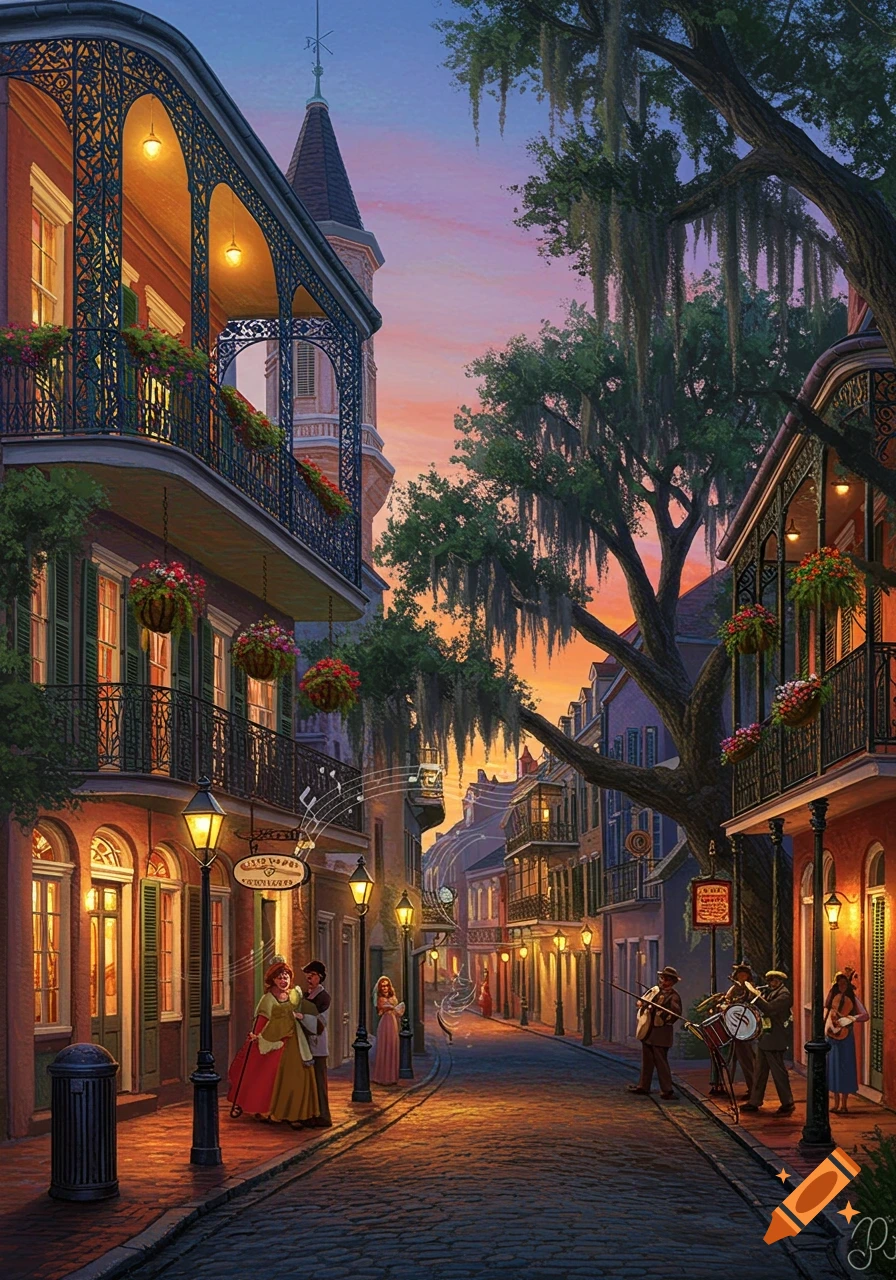 Vibrant painting of a New Orleans French Quarter street at sunset, with ornate balconies, street lamps, jazz band, and couples.