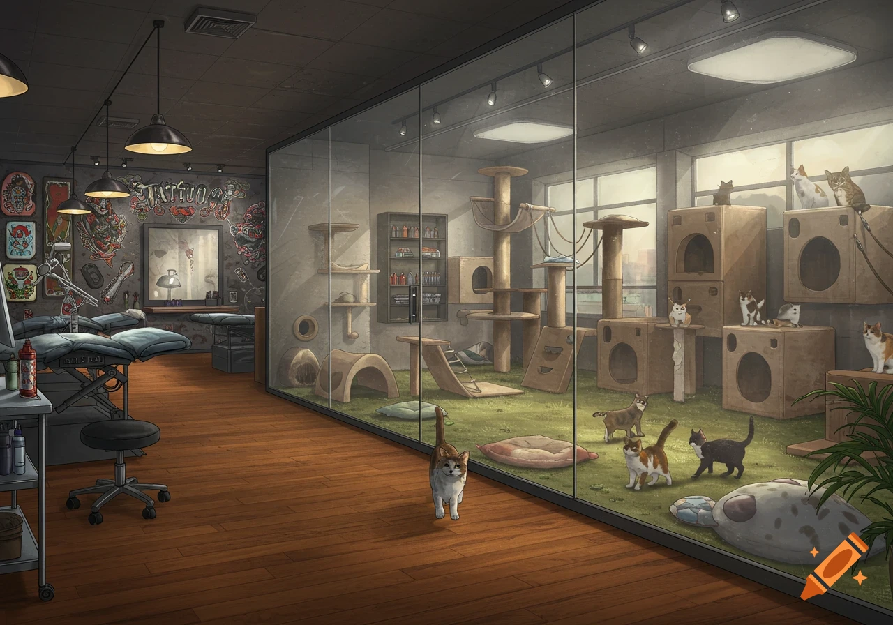 An illustrative interior of a hybrid tattoo shop and cat adoption center, separated by a glass wall, with many cats inside.
