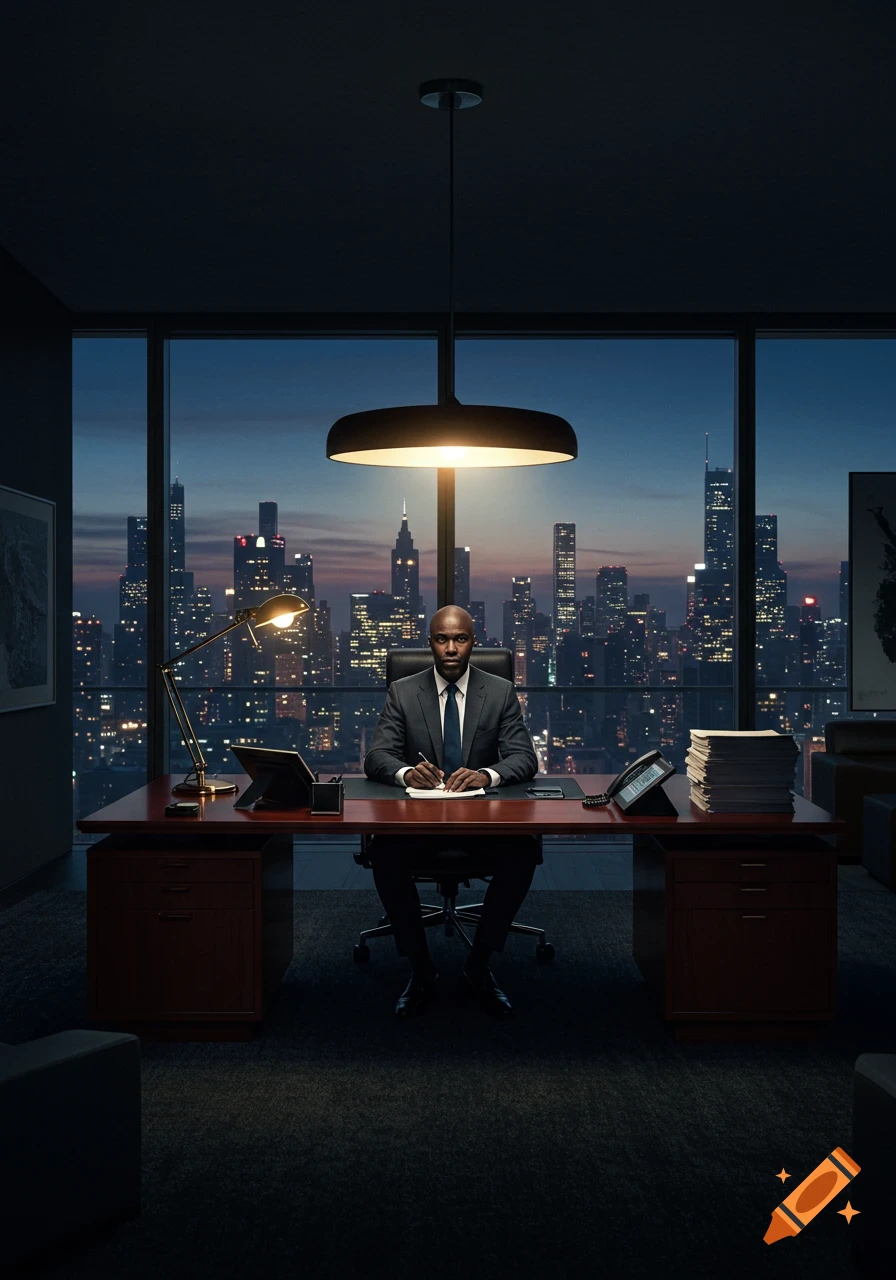 A man in a suit sits at a large desk in an office overlooking a city skyline at dusk, writing on paper.