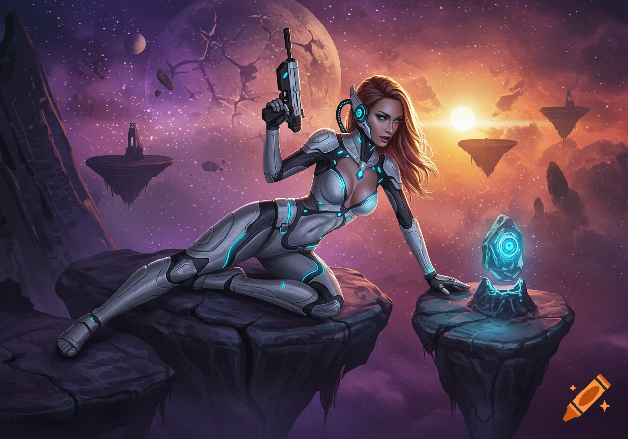 A female space warrior in a white and silver exosuit reclines on alien ruins, holding a weapon, against a vibrant nebula sky.