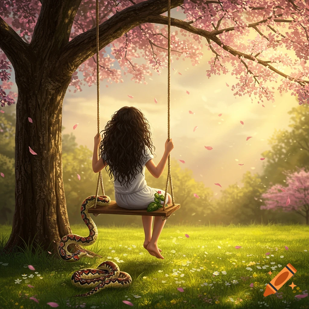 An illustrated girl on a swing under a cherry blossom tree, with a snake coiled by the swing in a sunny, serene field.