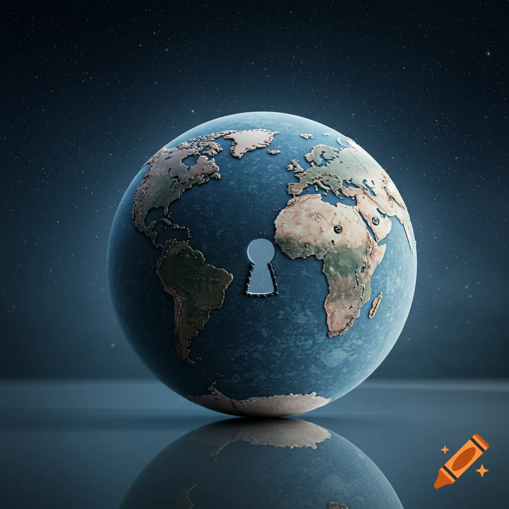 A stylized Earth globe with raised continents and a keyhole cutout in the Atlantic Ocean, reflecting on a dark surface under a starry night sky.