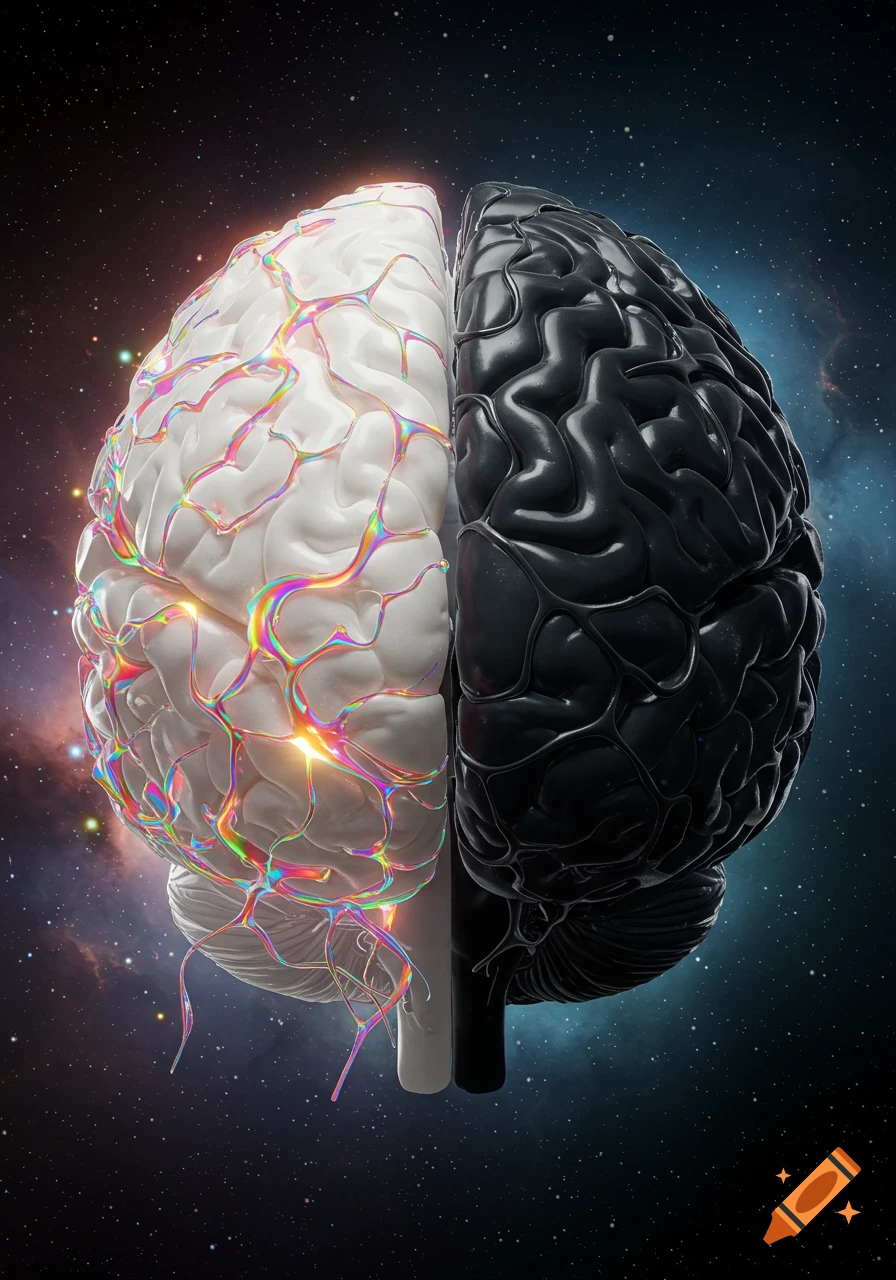 A brain split vertically, one white half with glowing rainbow-colored veins and the other half black, against a cosmic starry background.