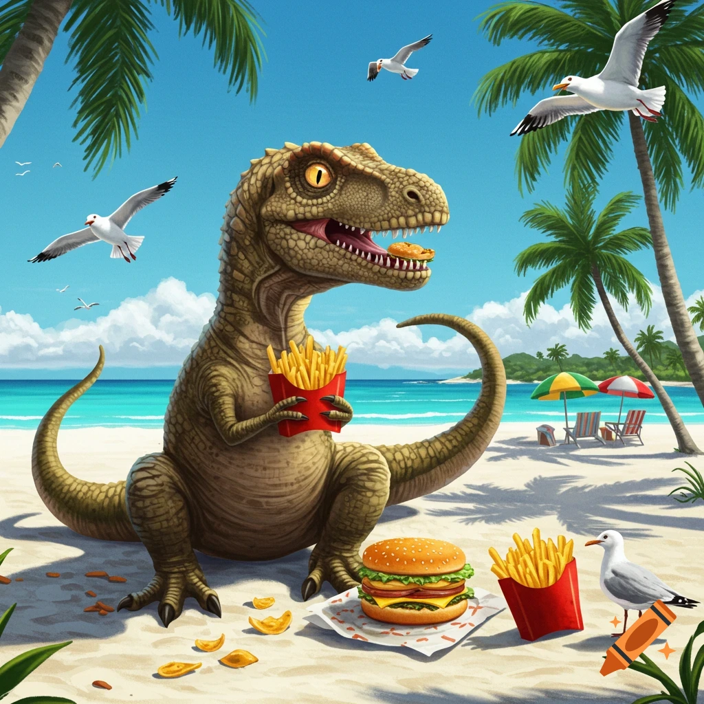 An illustrated dinosaur sits on a tropical beach, eating french fries from a red carton and a burger, with seagulls flying overhead.