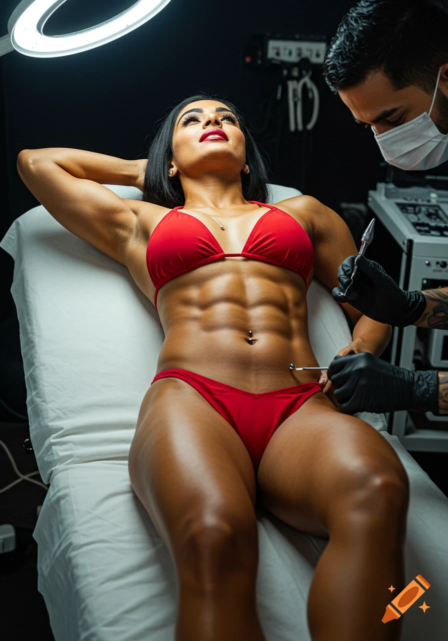 A muscular Indian woman with ripped abs in a red bikini lies on a stretcher as a piercer in gloves prepares for a navel piercing.