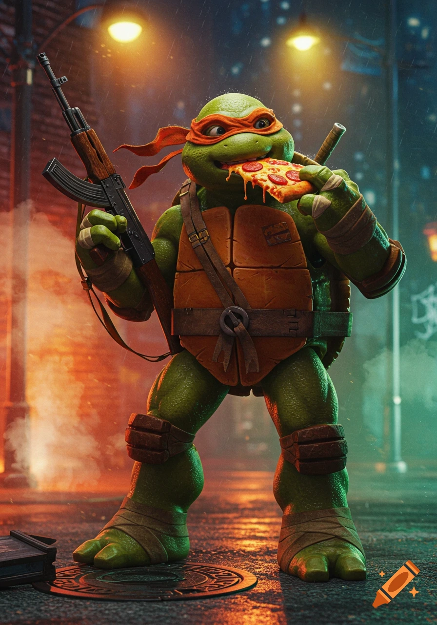 Photorealistic Michelangelo the Ninja Turtle in a rainy city street, eating pizza and holding an AK47.
