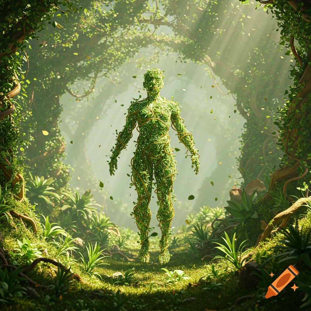 Photorealistic digital art of a humanoid figure made of green vines and leaves standing in a lush, sun-dappled forest.