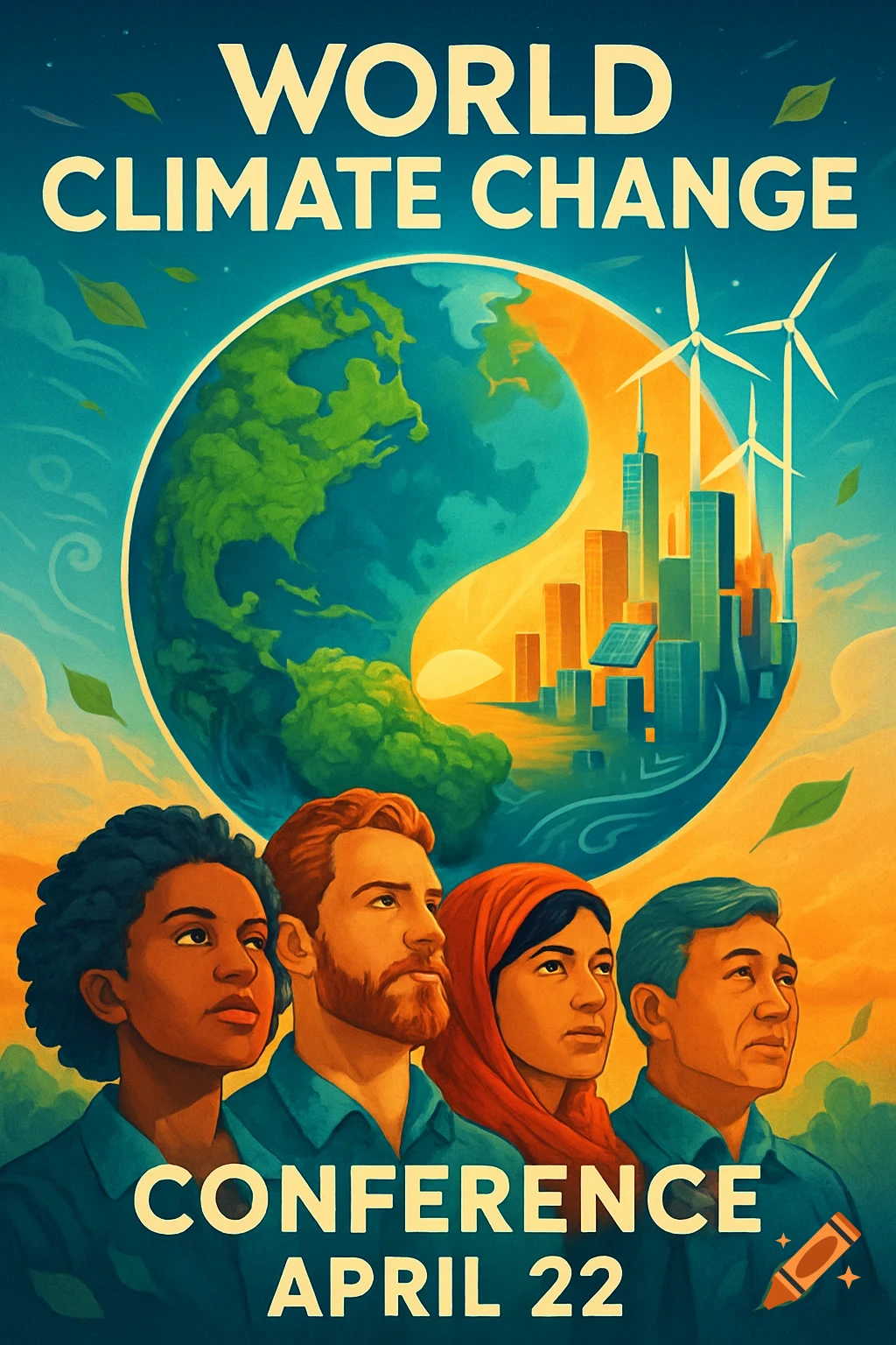 A colorful poster for the World Climate Change Conference on April 22, showing Earth, a city, and four diverse people.