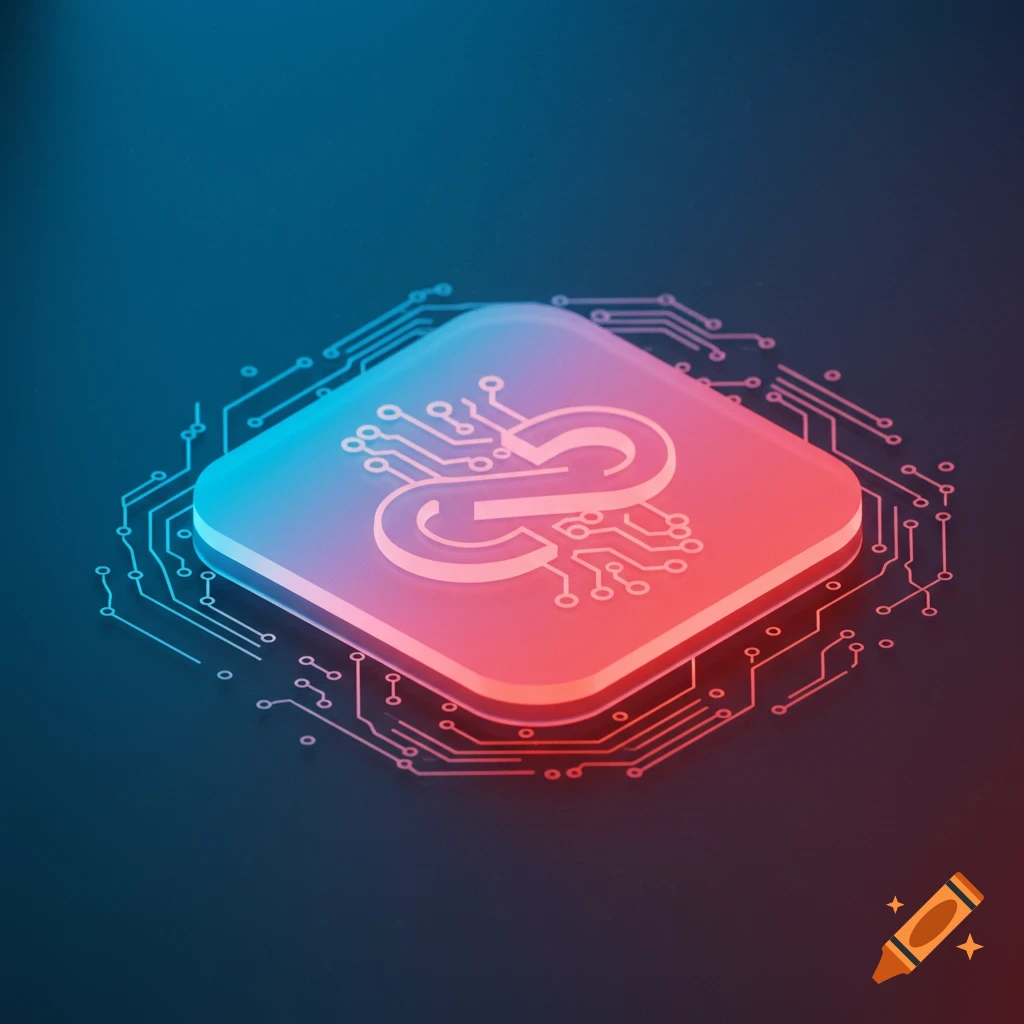 A glowing, blue-to-red gradient app icon with an abstract symbol, resembling an infinity sign, on a circuit board background in a futuristic style.