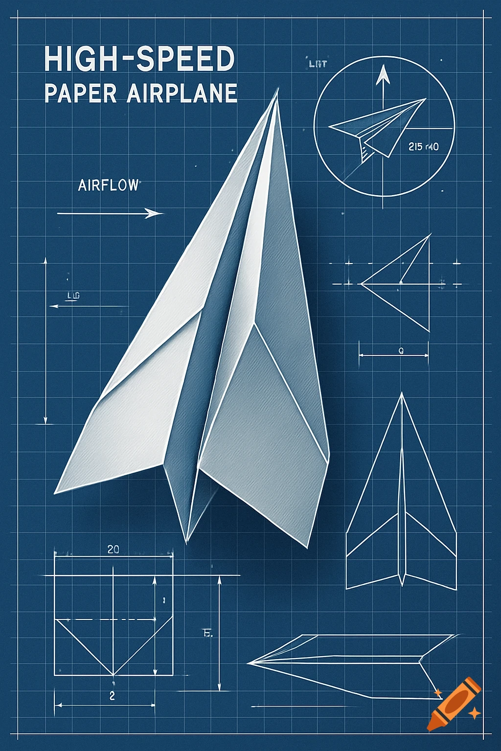 A blueprint drawing of a high-speed paper airplane, showing its design and various technical dimensions on a blue grid background.