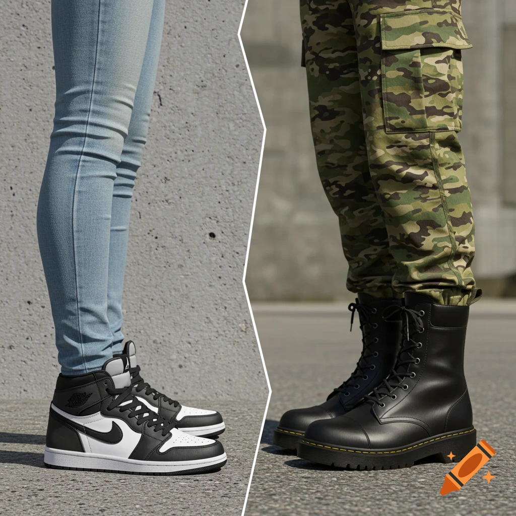 Split image of legs in light blue jeans and black-and-white sneakers, and legs in camouflage pants and black combat boots.