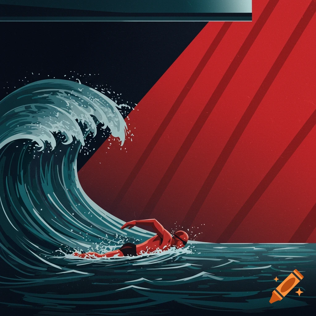 A stylized swimmer in black trunks with red skin and goggles navigates a large blue wave under a dramatic red spotlight in a dark setting, reminiscent of Russian constructivism.