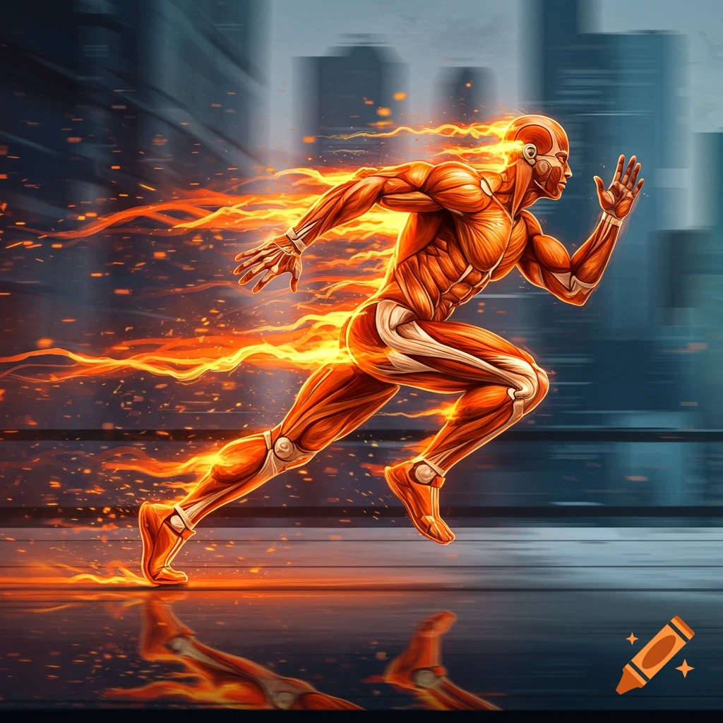 A stylized, muscular, orange figure glowing with fire streaks through a blurred city, a reflection visible below.