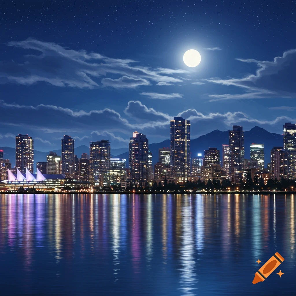 Photorealistic Vancouver city skyline at night with a full moon, illuminated buildings, and colorful reflections on the water.