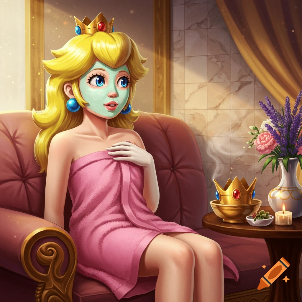 Princess Peach, wearing a pink towel and a green spa mask, relaxes on a couch in a luxurious spa setting.