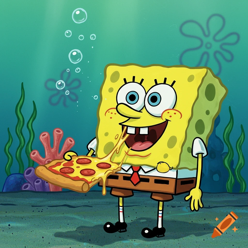 SpongeBob SquarePants happily eating a slice of pepperoni pizza with stringy cheese underwater, in a cartoon style.