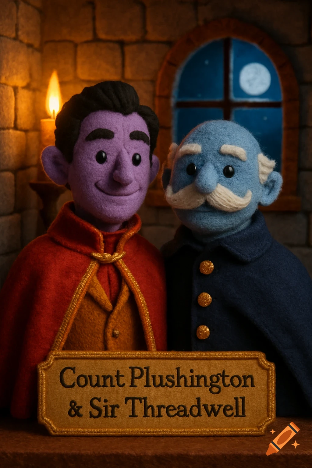 Two felt puppets, Count Plushington and Sir Threadwell, in a candlelit castle room at night, with a golden plaque below them.