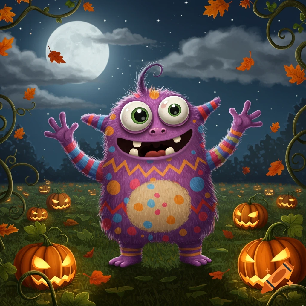 A cheerful purple cartoon monster with large eyes and colorful stripes stands in a pumpkin patch under a full moon.