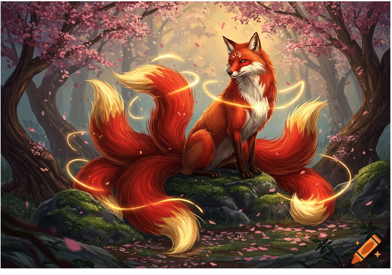 A red kitsune with multiple tails sits on a mossy rock in a magical cherry blossom forest with glowing golden lines.