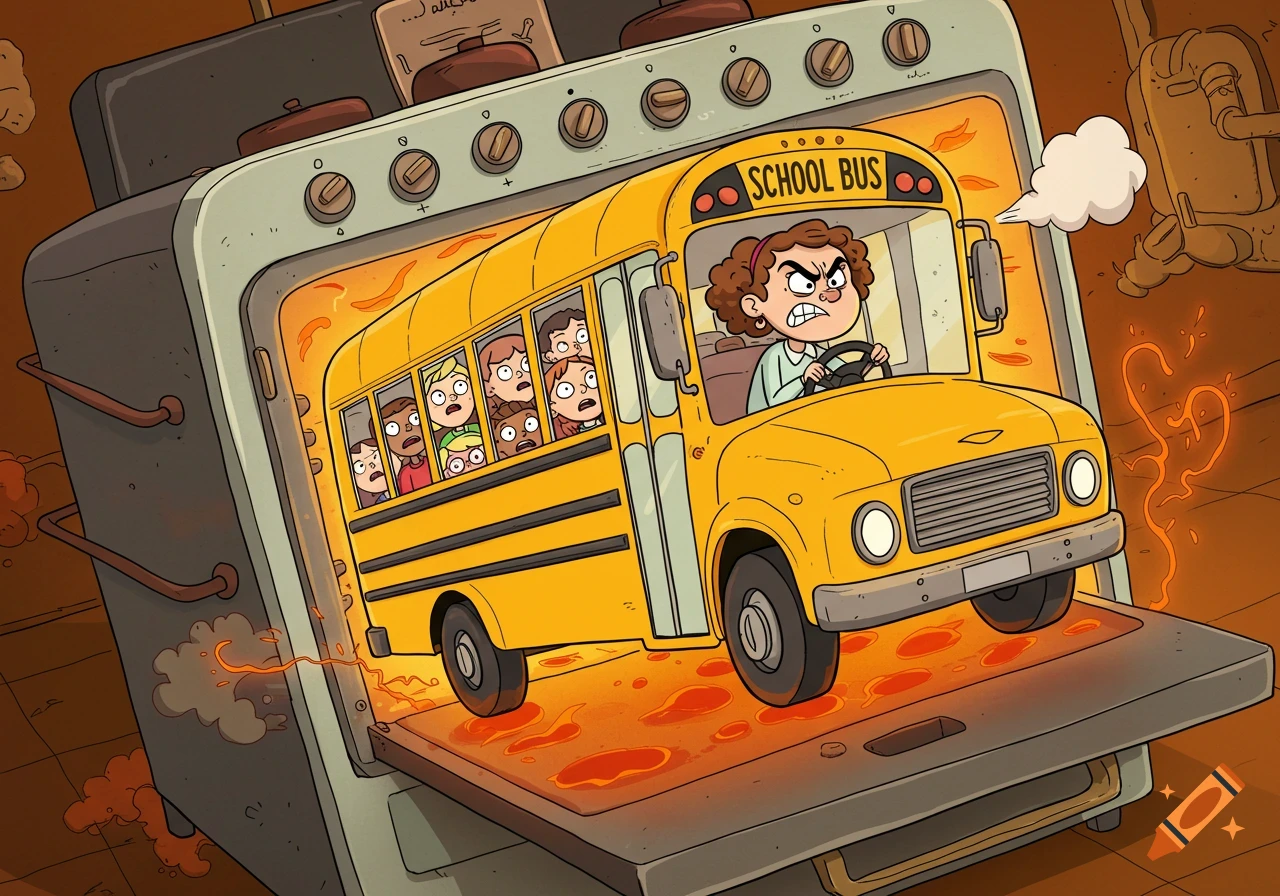 A cartoon school bus with scared children and an angry driver is inside a large oven with molten lava.