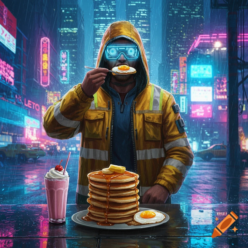 A man in a yellow cyberpunk jacket and glowing goggles eats pancakes and eggs at a bar in a rainy, neon-lit cyberpunk city.
