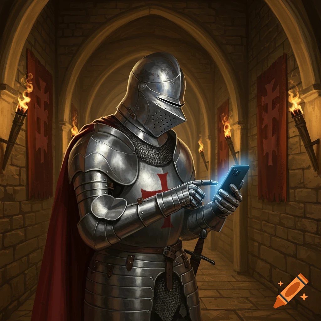 A medieval knight in shining armor with a red cape uses a glowing modern smartphone in a torch-lit castle hallway.