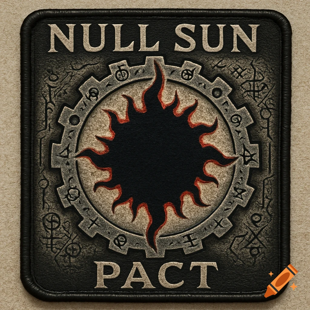 Gritty patch with 'NULL SUN PACT' text, a black sun symbol with red flames, and intricate gear-like borders.