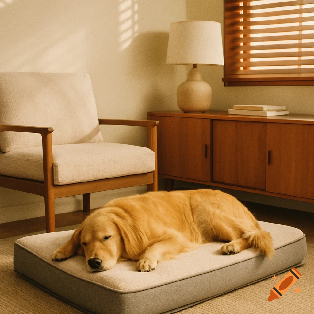 A golden retriever peacefully sleeps on a modern memory foam dog bed in a cozy mid-century modern living room with sunlight through blinds.
