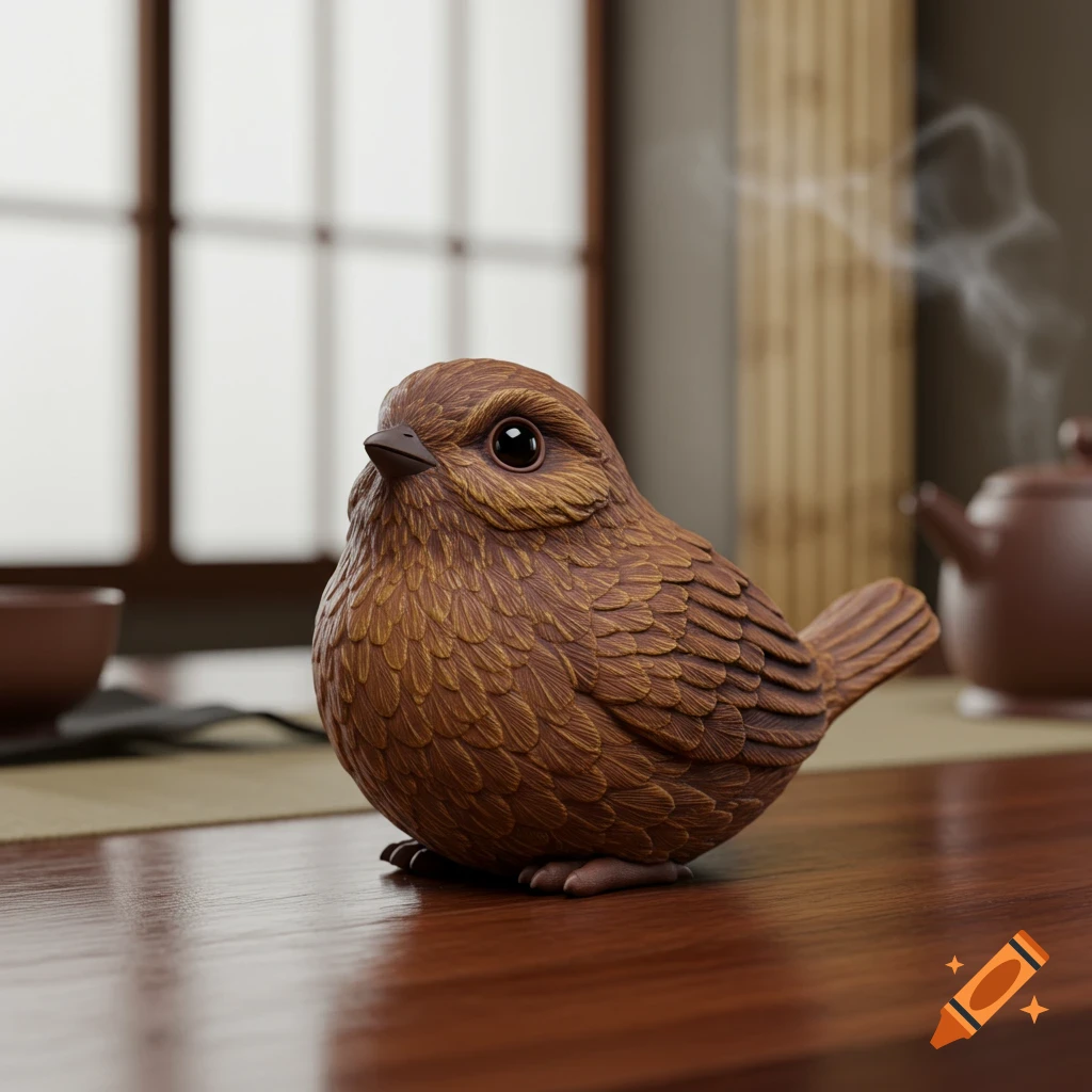 A brown clay tea pet bird with detailed feather texture sits on a wooden table, with a window and teapot in the background.