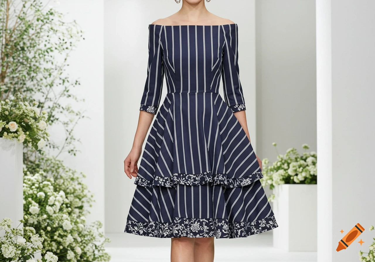 A woman models a stylish navy blue and white striped off-shoulder fit-and-flare dress with floral patterns in an editorial shot.