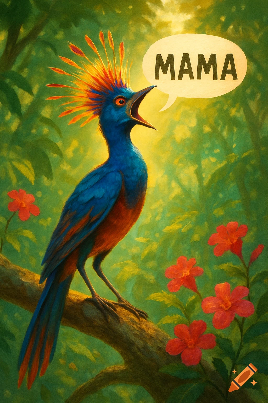 A vibrant blue and orange bird with a fiery crest shouts "MAMA" in a speech bubble, perched on a branch amidst green foliage and red flowers in a painterly jungle scene.