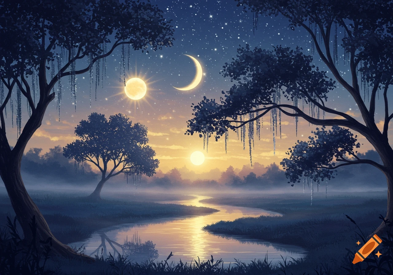 A serene ethereal twilight landscape with a sun, crescent moon, and stars in the sky over a winding river and trees.