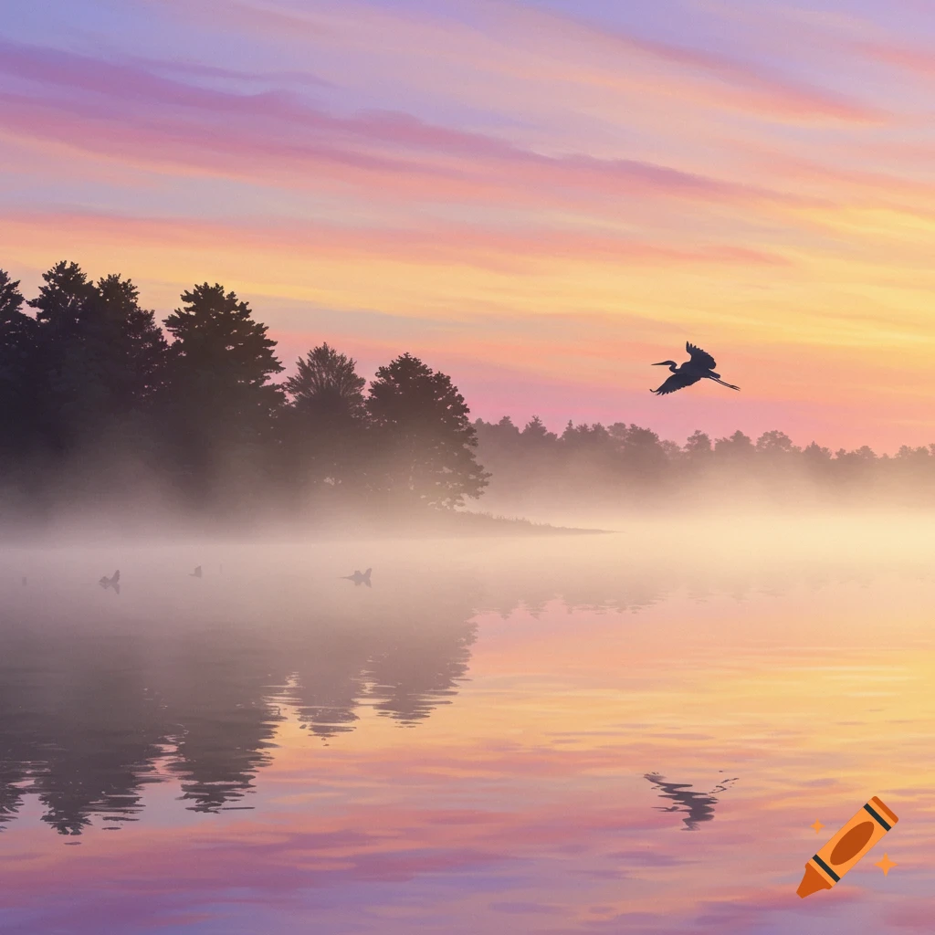 A lone bird flies over a misty lake at dawn, reflecting pink and orange skies with silhouetted trees.