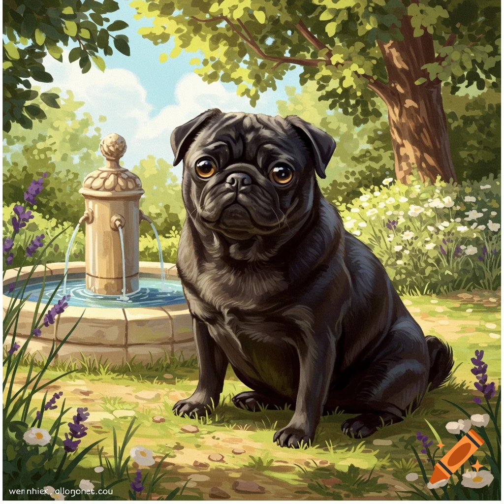 A black pug dog with big eyes sits in a lush garden with a stone fountain and trees, in an illustrative style.