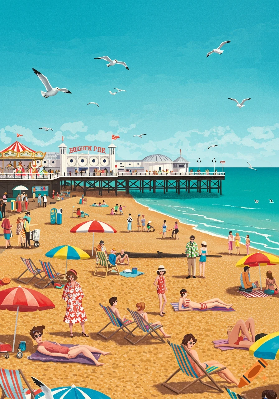A vibrant 1960s-style illustration of a crowded Brighton beach and pier under a clear blue sky, with people relaxing and seagulls flying.